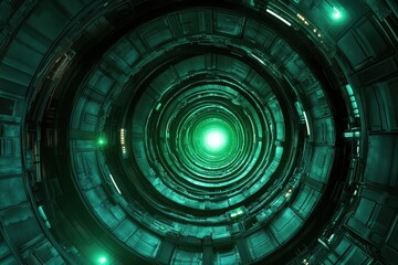 Fototapete - Exploring a surreal sci fi industrial spiral glowing with green light, Sci fi industrial spiral green glow zoom 3d seamless