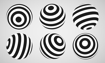 Abstract optical illusion sphere. Hypnotic spiral ball with black and white lines. Vector illustration.
