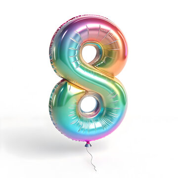 A balloon shaped like the number 8,holographic metallic finish with realistic reflections and smooth texture.