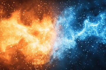 Poster - dynamic interaction of orange and blue particles creating an abstract visual of energy and motion, a