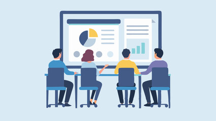 Poster - Business Team Meeting Presentation with Pie Chart and Graph on Screen in Conference Room