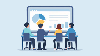 Poster - Business meeting with team analyzing data charts and diagrams on a large computer screen display