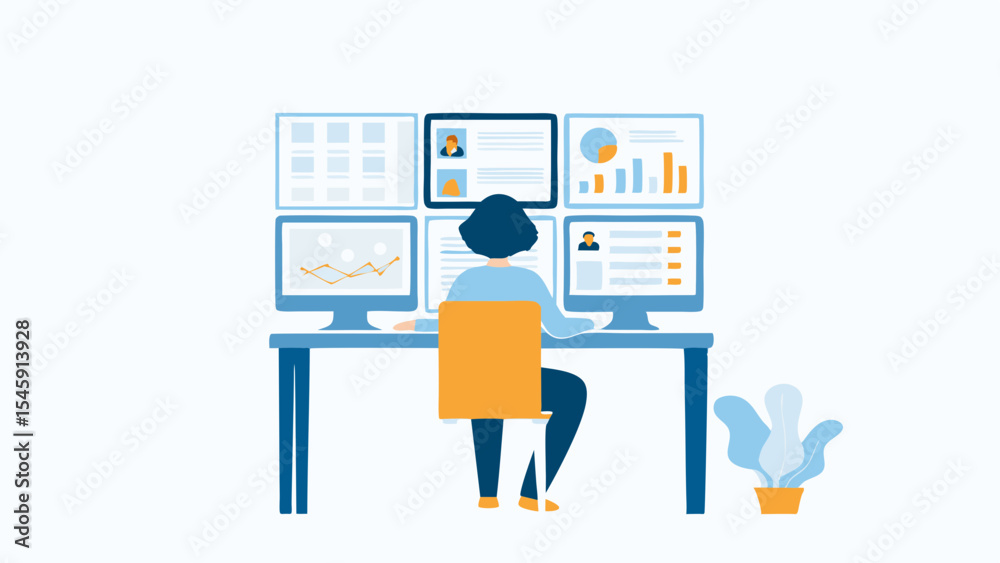 Profile Computer Work Woman working with multiple computer screens displaying data charts and ...