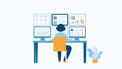 Poster - Woman working with multiple computer screens displaying data charts and profiles in a modern office setting