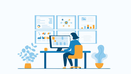 Poster - Woman Analyzing Data on Multiple Screens in a Modern Office with Plants and Coffee