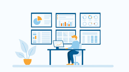Poster - Data Analyst Working with Charts and Graphs on Multiple Screens in Modern Office