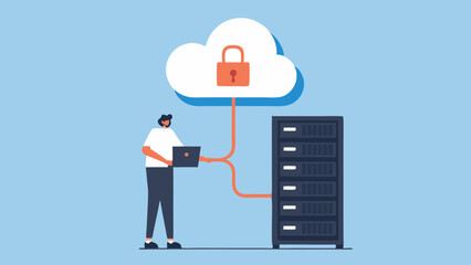 Poster - Cloud and Server Security Illustration with a Man Working on a Laptop Connecting to Systems