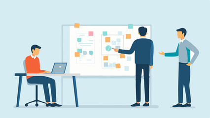 Poster - Business Team Brainstorming and Planning Strategy on Whiteboard with Sticky Notes and Laptop Vector Illustration