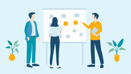 Poster - Business team discussing strategy on whiteboard brainstorming session planning teamwork and collaboration in the workplace