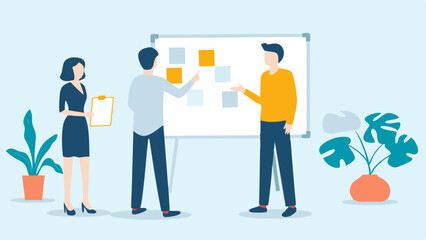 Poster - Teamwork and collaboration in the office with a whiteboard and sticky notes for brainstorming and planning tasks