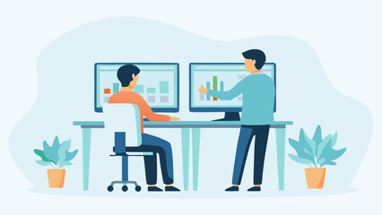 Poster - Two business colleagues reviewing financial data charts on computer screens in a modern office space