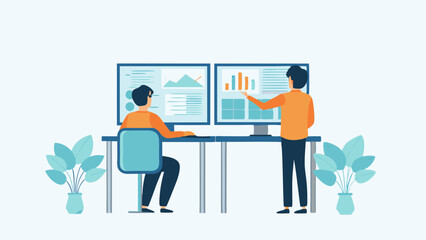 Poster - Business team analyzing data on multiple monitors presenting financial charts and graphs vector illustration in flat design