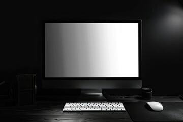 Fototapete - High Quality Visual of Computer Desktop Blank Monitor Pc Keyboard and Mouse Isolated on Black