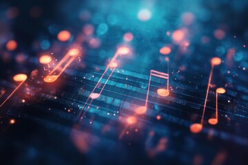 Fototapete - Abstract music background with vibrant notes and glowing particles for creative projects, abstract music background in Photo background