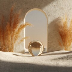 Aufkleber - A glass sphere rests in a sandy, arched niche flanked by pampas grass, bathed in soft, diffused light