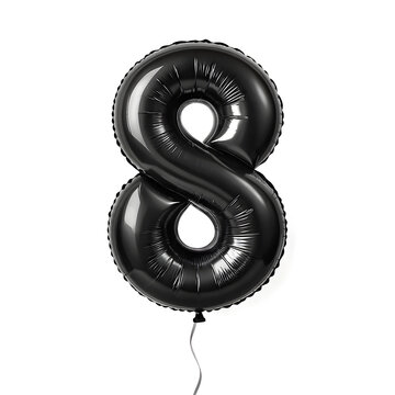 A balloon shaped like the number 8,matte black metallic finish with realistic reflections and smooth texture.