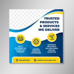 Poster - trusted products and services we deliver social media post or web banner with blue gradient and yellow colors template, Smart brand products service on square layout.