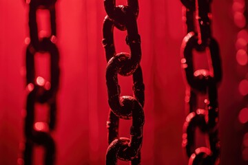 Poster - Chains illuminated by red light create a dramatic visual effect in a moving shot, Chains In Red Light Moving Shot