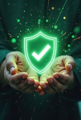 Poster - Hands present a glowing green shield marked with a check, evoking cybersecurity, assurance, and the safeguarding of virtual networks, vertical composition