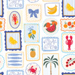 © lilett - Summer whimsical stamps seamless pattern, Mediterranean style, traditional foods wallpaper, retro background