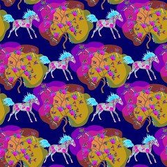 Wall Mural - Galloping horses in a spring garden among flowering trees on a deep blue background. Seamless animal natural pattern for fabric.