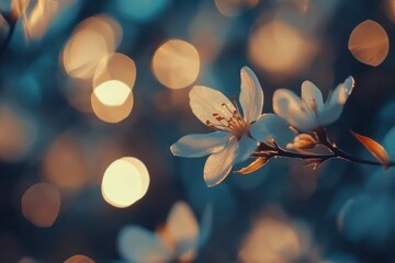 Poster - Stunning baby blue bokeh background with delicate flowers in soft focus illuminated by warm light, Shimmering bokeh baby blue motion background