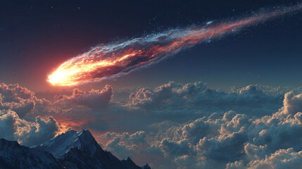 Wall Mural - A comet, an asteroid, a meteorite falls to the ground against a starry sky. Attack of the meteorite. Meteor Rain. Kameta tail. End of the world. Astranomy.	