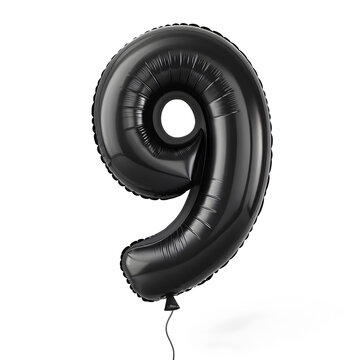 A balloon shaped like the number 9,matte black metallic finish with realistic reflections and smooth texture.