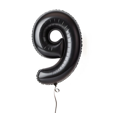 A balloon shaped like the number 9,matte black metallic finish with realistic reflections and smooth texture.