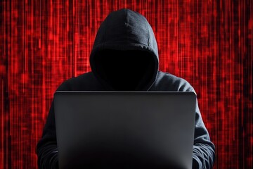 Poster - Hacker engaged in coding while cloaked in darkness with a laptop during nighttime activity, Obfuscated Identity: hacker in front of laptop ing Photo background
