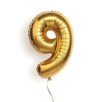 A balloon shaped like the number 9 ,gold metallic finish with realistic reflections and smooth texture.