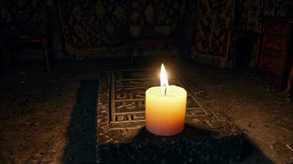 Wall Mural - a close up of a lit candle on a stone in a dark room