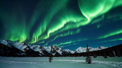 Wall Mural - the aurora bore is a green light in the sky above a snowy landscape