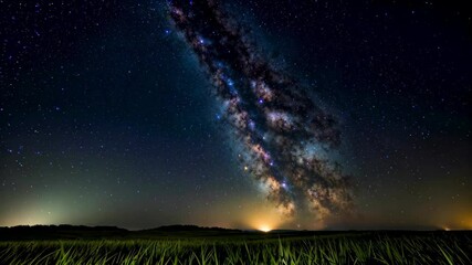 Wall Mural - a long exposure of the milky and the stars above a field