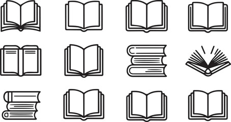 Fototapete - Collection of Book Icons Depicting Open and Stacked Books with Various Cover Styles and Page Representations for Educational and Literary Purposes