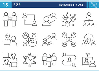 Poster - A set of line icons related to P2P. People, peer, connection, business people, talk, deal, money, connection, friends, and so on. Vector editable stroke.