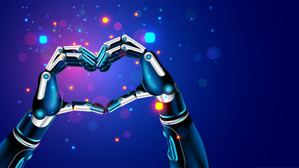 Aufkleber - A cyborg or robot makes a heart gesture with his hands. The hands of the humanoid robot are folded in a heart shaped close-up. Artificial intelligence shows a gesture of love. Vector cyborg hands.