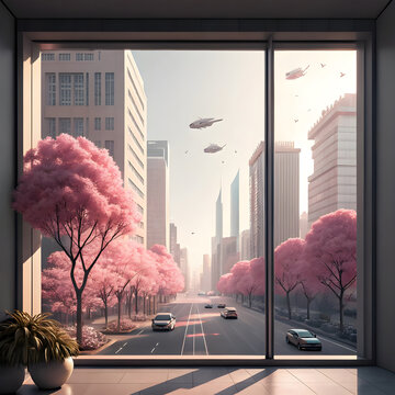 A futuristic cityscape seen through a minimalist window, featuring sleek skyscrapers, glowing lights, and a clean, modern aesthetic.