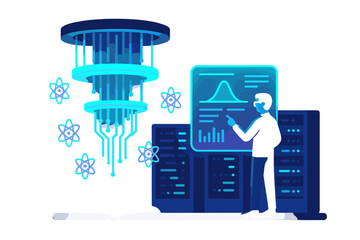 Poster - Modern technology showcased in a digital lab with a person interacting with quantum computing graphics and data analysis