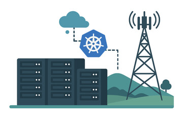 Poster - Cloud computing infrastructure with server racks, Kubernetes symbol, and communication tower in a mountainous landscape