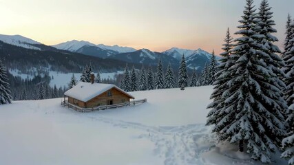 Wall Mural - there is a small cabin in the middle of a snowy field
