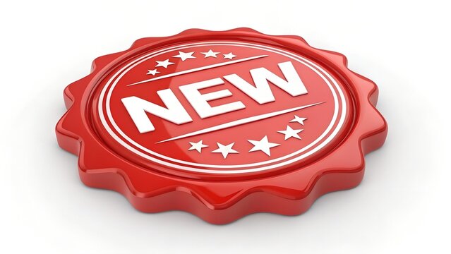 Red new badge. 3d rendering isolated on white background. Cartoon plastic style icon.