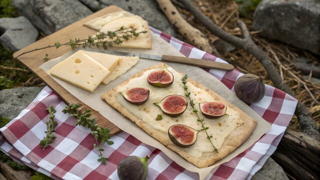  Rustic Flatlay of Flatbread Picnic with Cheese and Figs.