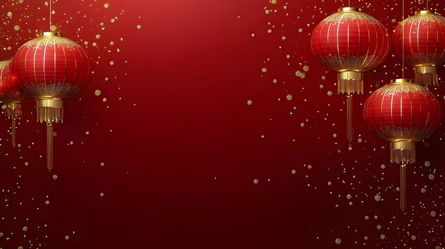 Chinese New Year background with red lanterns, gold confetti, and festive greeting card design.