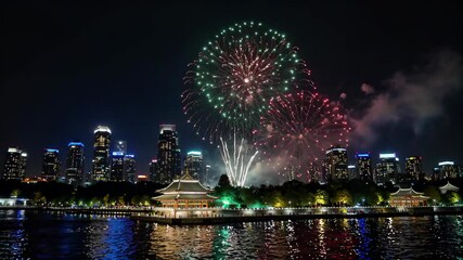 Wall Mural - fireworks in the sky over a city skyline with a lake