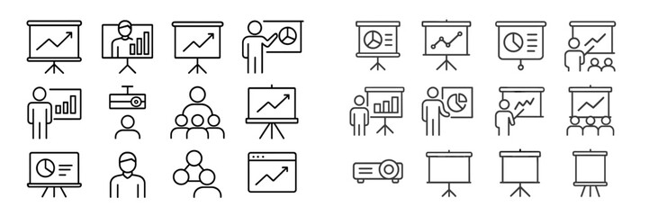 Poster - Various icons depicting business presentations, charts, graphs, and teamwork activities in a professional setting