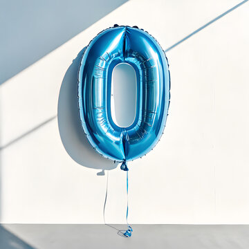 A balloon shaped like the number 0, chrome blue finish with realistic reflections and glossy texture.