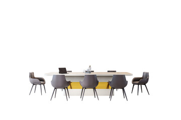 Poster - Office meeting table with six chairs, tablet, and desk items, isolated on white background, clean cutout for business or corporate workspace template. 3D Rendering