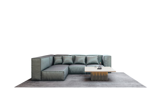 Contemporary L-shaped sofa set with cushions, low coffee table, and soft rug, isolated on white background for design element or layout concept. 3D Rendering