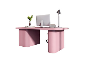 Poster - Pink modern office desk with computer, lamp, and plant in vase on isolated white background. Concept of stylish desktop interior. 3D Rendering